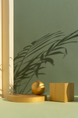 Geometric golden podium on an abstract green and beige background with a shadow of palm leaves. A scene with a geometric background. Backdrop for the product presentationの写真素材