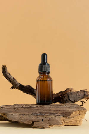 Bottle of dark amber glass with hyaluronic acid or face serum near dry branch on a beige background. Concept natural cosmetics with organic components. Copy space for your designs. front view.の写真素材