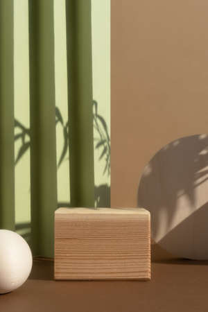 Geometric wooden podium on an abstract green and beige background with a shadow of palm leaves. A scene with a geometric background. Backdrop for the product presentation.の写真素材