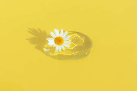 A drop of transparent cosmetic gel or serum with hyaluronic acid with a chamomile flower on a yellow background. The concept of natural cosmetics. cosmetic texture. top view.の写真素材