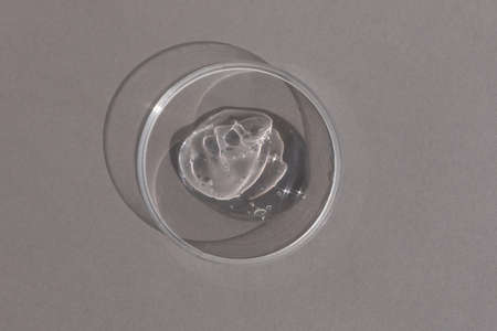 Hyaluronic acid serum or gel for the face in Petri dish on a gray background. Concept of cosmetics laboratory researches, wellness and beauty. cosmetic texture. top view.の写真素材