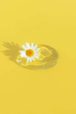 A drop of transparent cosmetic gel or serum with hyaluronic acid with a chamomile flower on a yellow background. The concept of natural cosmetics. cosmetic texture. top view.の写真素材