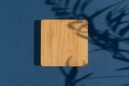 Abstract minimal scene of a geometrical form. Wooden podium on a blue background with a shadow of tropical palm leaves. Scene to show cosmetic products. Showcase, display caseの写真素材