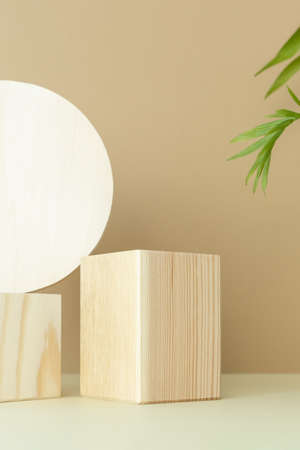 Wooden podiums, pedestals on a beige background with palm leaves. Showcases for the promotion of products, beauty, natural cosmetics. Abstract minimalistic elegant studio stage.の写真素材