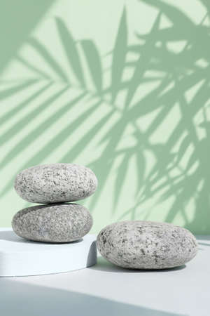 A podium made of stones on a gray table against a green wall with a shadow from the leaves of a palm tree. Showcase for product promotion, beauty, natural cosmeticsの写真素材
