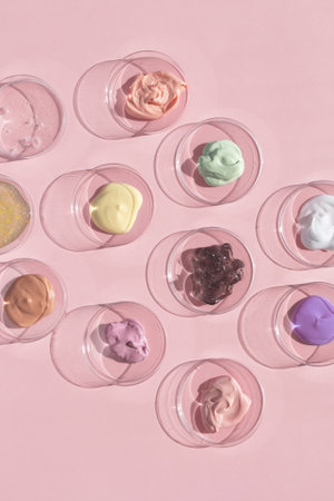 Multicolored textures of cream, scrub and gel in Petri dishes on a pink background. The concept of laboratory research of cosmetics. Smears of cosmetic skin care products.の写真素材