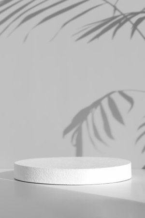 Minimal abstract gray and white background for eco cosmetic product presentation. Cylindrical white scene. Premium podium with a shadow of tropical palm leaves. empty showcase.の写真素材