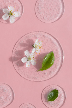 Drops of transparent cosmetic gel or serum with white flowers and green leaves on a pink background. The concept of natural cosmetics.の写真素材