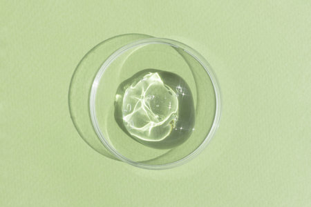 Hyaluronic acid serum or gel for the face in Petri dish on a green background. Concept of cosmetics laboratory researches, wellness and beauty. cosmetic texture. top view.の写真素材