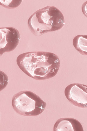 Drops of serum or hyaluronic acid gel on a pink background. Smears of cosmetic skin care products. wellness and beauty concept.の写真素材