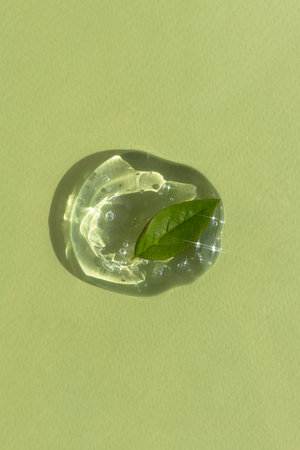 A drop of transparent cosmetic gel or serum with hyaluronic acid with a leaf on a green background. The concept of natural cosmetics. top view.の写真素材