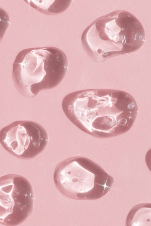 Drops of serum or hyaluronic acid gel on a pink background. Smears of cosmetic skin care products. wellness and beauty concept.の写真素材