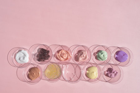 Multicolored textures of cream, scrub, serum and gel in Petri dishes on a pink background. Concept...