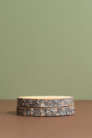 Wooden slice podium on a brown table on a green background. Premium empty scene for product promotion, beauty, natural eco cosmetic. Showcase, display case.の写真素材