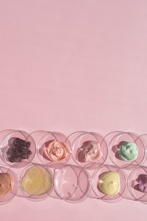 Multicolored textures of cream, scrub, serum and gel in Petri dishes on a pink background. Concept of cosmetics laboratory researches. Smear of skincare cosmetics product. wellness and beauty conceptの写真素材