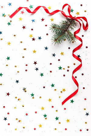 Festive Christmas decorations, multicolored sequins and a twig of a Xmas tree with a bow on a white background. Festive New Year sparkling texture, postcard.の写真素材