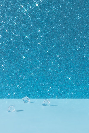 Abstract blue shiny sparkling background with crystals for the presentation of a cosmetic product or gift. Premium podium, scene. Showcase, display case.の写真素材