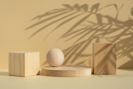 Wooden scenes of different geometric shapes with a shadow of tropical palm leaves on a beige background. Premium podium for advertising your product. Show case, display case.の写真素材