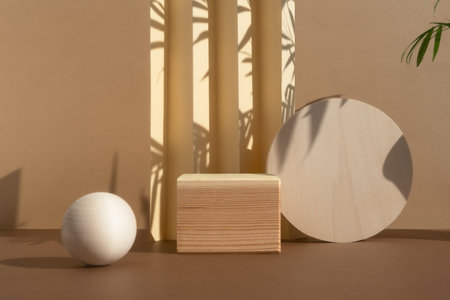 Geometric wooden podium on an abstract beige background with a shadow of palm leaves. A scene with a geometric background. Backdrop for the product presentation. empty showcase.の写真素材