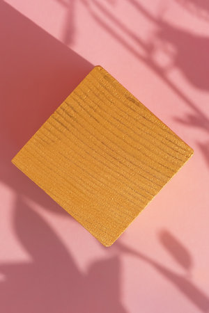 Geometric golden podium on an abstract pink background with the shadow of plant leaves. Empty scene for the product presentation. Showcase, display case.の写真素材