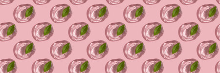 Seamless pattern. Drops of transparent cosmetic gel or serum with hyaluronic acid with a green leaf...