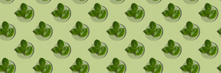 Seamless pattern. Drops of transparent cosmetic gel or serum with young leaves of a plant on a green...