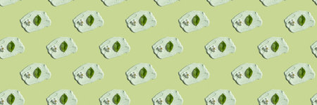 Seamless pattern. The texture of the cream with a white flower and a green leaf on a green background. Smears of skincare cosmetics product. The concept of natural cosmetics. top viewの写真素材