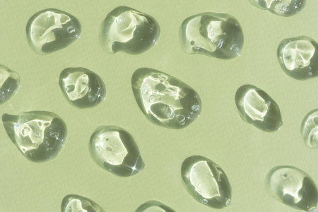 Drops of serum or hyaluronic acid gel on a green background. Smears of cosmetic skin care products. wellness and beauty concept.の写真素材