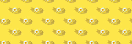 Seamless pattern. Drops of transparent cosmetic gel or serum with hyaluronic acid with a chamomile flower on a yellow background. The concept of natural cosmetics. cosmetic texture. top view.の写真素材