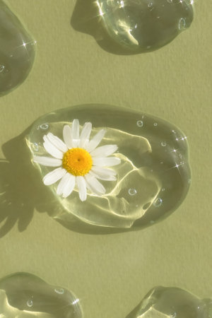 Drops of transparent cosmetic gel or serum with hyaluronic acid with a chamomile flower on a green...