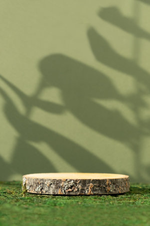 Wooden slice podium on moss on a green background with leaves shadows. Premium empty scene for product promotion, beauty, natural eco cosmetic. Show case, display case.の写真素材