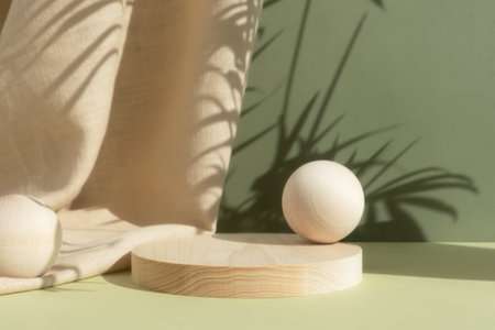 Wooden cylindrical podium, pedestal on a green background with beige curtain and a shadow of palm leaves. Scene for the presentation of a cosmetic product. empty showcase.の写真素材