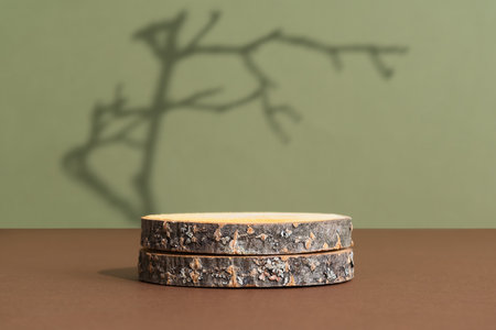 Wooden slice podium on a brown table on a green background with the shadow of tree branches. Premium empty scene for product promotion, beauty, natural eco cosmetic. Show case, display case.の写真素材