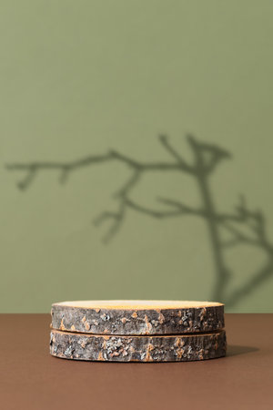 Wooden slice podium on a brown table on a green background with the shadow of tree branches. Premium empty scene for product promotion, beauty, natural eco cosmetic. Show case, display case.の写真素材