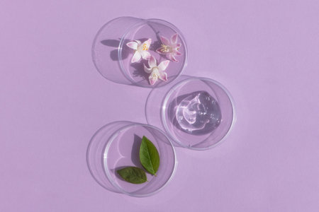 Facial serum or gel with hyaluronic acid, flower and leaves in Petri dishes on a lilac background. Concept of cosmetics laboratory researches, wellness, beauty and natural cosmeticsの写真素材