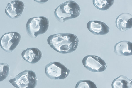 Drops of serum or hyaluronic acid gel with bubbles on a blue background. Smears of cosmetic skin care products. wellness and beauty concept.の写真素材