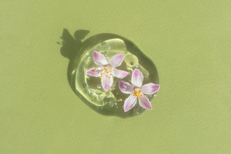 A drop of transparent cosmetic gel or serum with hyaluronic acid with pink flowers on a green background. The concept of natural cosmetics. top view.の写真素材