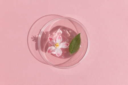 Facial serum or gel with hyaluronic acid with flowers and a green leaf in a Petri dish on a pink background. Concept of cosmetics laboratory researches, wellness, beauty and natural cosmeticsの写真素材