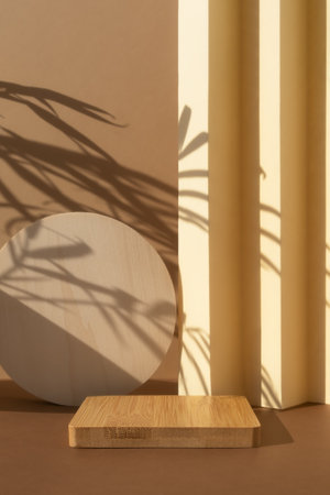 Wooden podium on an abstract beige and brown background with a shadow of palm leaves. A scene with a geometric background. Backdrop for the product presentation. empty showcase.の写真素材