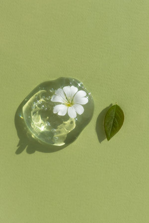 A drop of transparent cosmetic gel or serum with hyaluronic acid with a white flower and leaf on a green background. The concept of natural cosmetics. top view.の写真素材