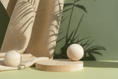 Wooden cylindrical podium, pedestal on a green background with beige curtain and a shadow of palm leaves. Scene for the presentation of a cosmetic product. empty showcase.の写真素材