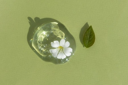 A drop of transparent cosmetic gel or serum with hyaluronic acid with a white flower and leaf on a green background. The concept of natural cosmetics. top view.の写真素材