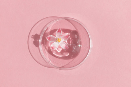Hyaluronic acid facial serum or gel with a flower in a petri dish on a pink background. The concept of cosmetic laboratory research, wellness, beauty and natural cosmetics.の写真素材