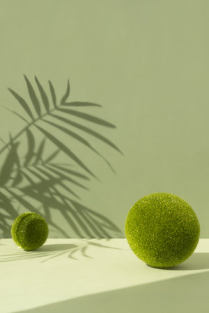 Minimal abstract scene with grass balls and the shadow of palm leaves on a green background. Premium empty podium for product promotion, beauty, natural eco cosmetic. Showcase, display caseの写真素材