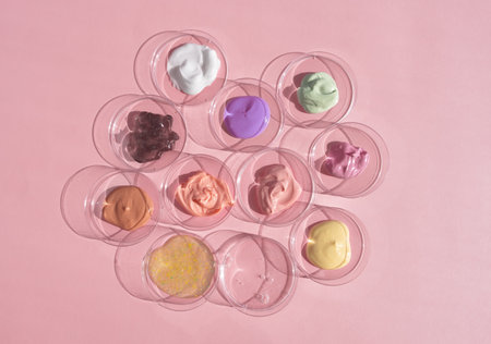 Multicolored textures of cream, scrub, serum and gel in Petri dishes on a pink background. Concept of cosmetics laboratory researches. Smear of skincare cosmetics product. wellness and beauty concept.の写真素材
