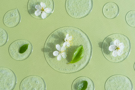 Drops of transparent cosmetic gel or serum with white flowers and green leaves on a green background. The concept of natural organic cosmetics.の写真素材