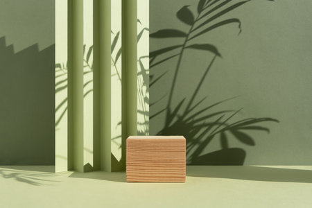 Wooden podium on an abstract green background with a shadow of palm leaves. A scene with a geometric background. Backdrop for the product presentation. empty showcase.の写真素材