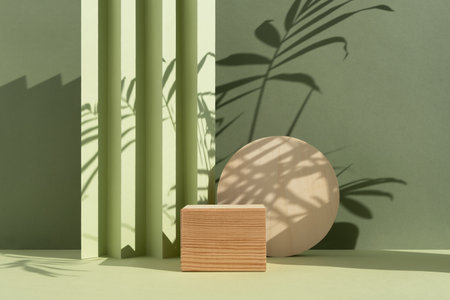 Wooden podium on an abstract green background with a shadow of palm leaves. A scene with a geometric background. Backdrop for the product presentation. empty showcase.の写真素材