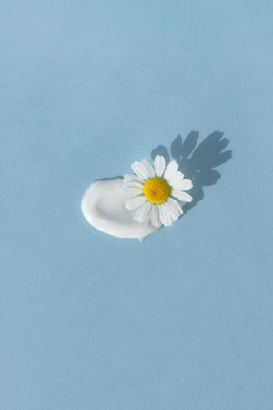 The texture of the cream with a chamomile flower on a blue background. Smear of skincare cosmetics product. The concept of natural cosmetics. Top viewの写真素材