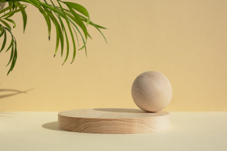 Cylindrical wooden scene on a beige background with palm leaves. Premium empty podium, pedestal for advertising your product. Minimal backdrop for product presentation. Showcase, display case.の写真素材